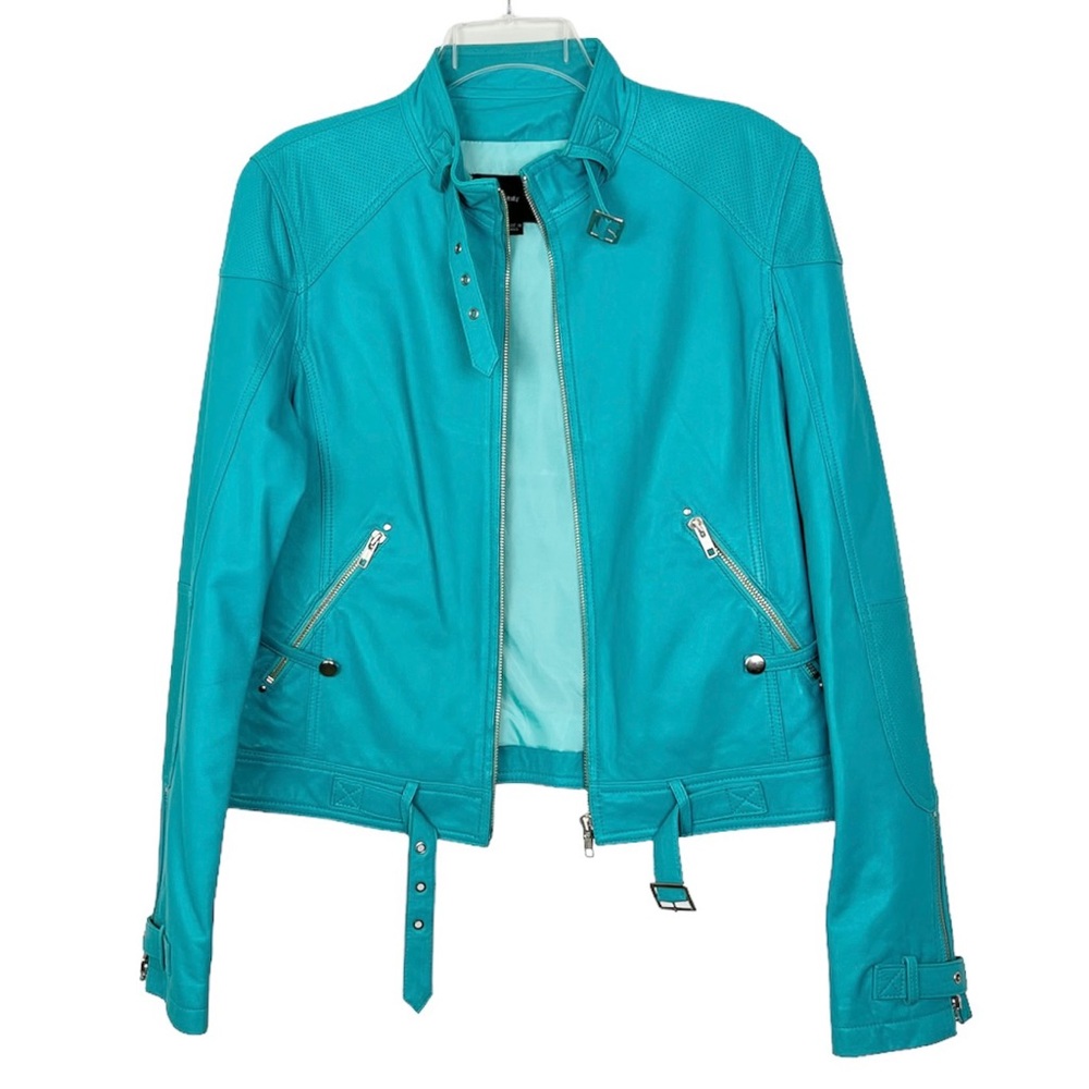 Identify Turquoise Genuine Leather Zip Front Moto Biker Jacket Size 12